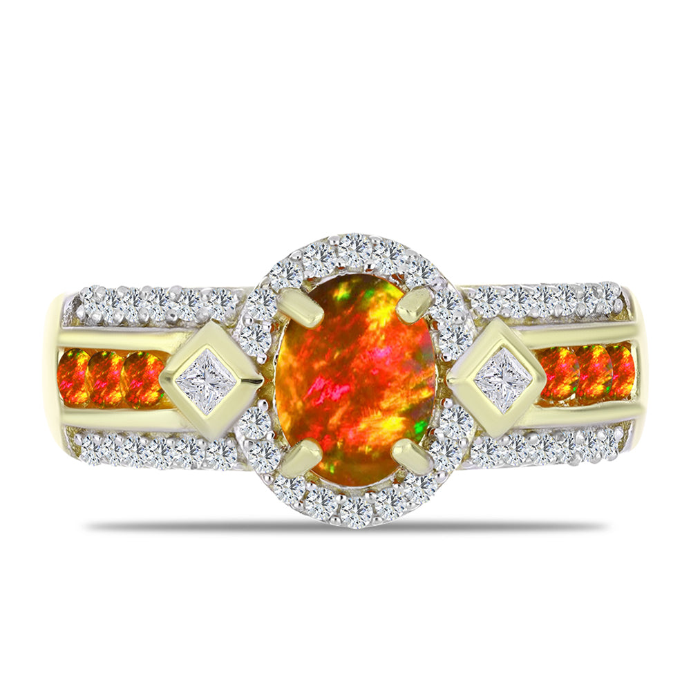 Inel din Argint 925 Placat cu Aur ( 5.02 grame ) cu Opal de Foc American și Topaz Alb 1.46 Carate