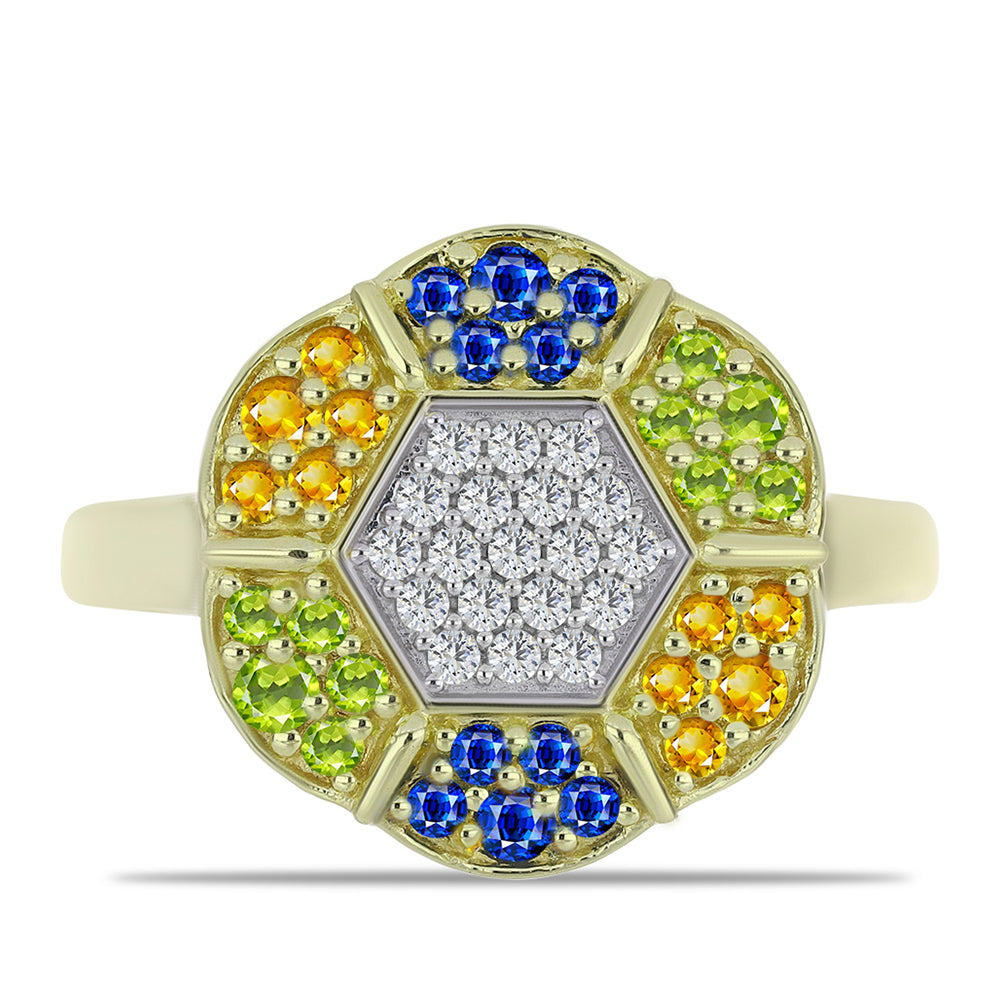 Inel din Argint 925 Placat cu Aur ( 4.21 grame ) cu Safir Rosebery Curcubeu și Topaz Alb 1.01 Carate
