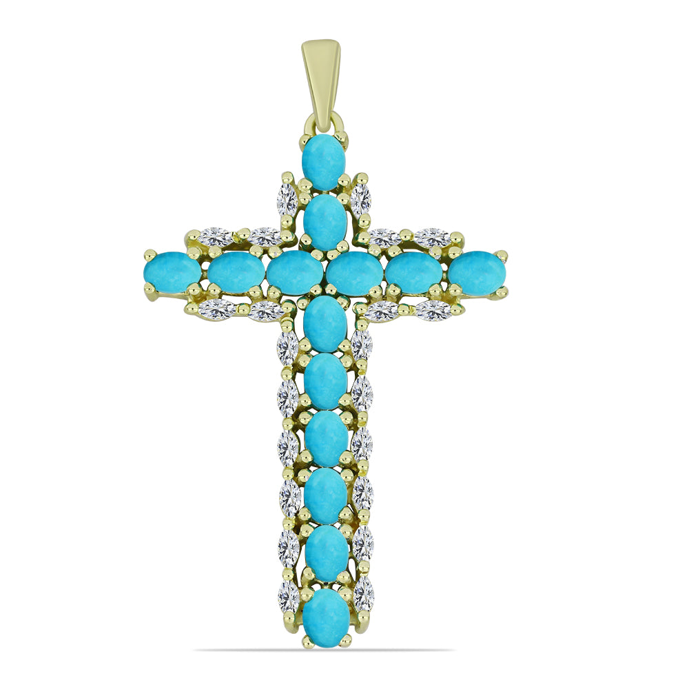 Cruce Pandantiv din Argint 925 Placat cu Aur ( 3.98 grame ) cu Turcoaz ”Frumoasa Adormită” și Zircon Alb 3.46 Carate