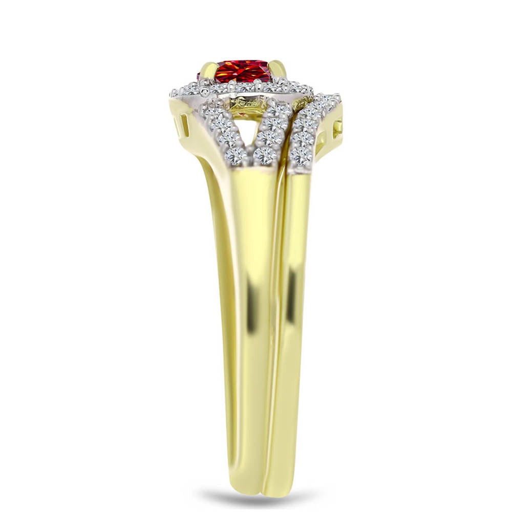 Inel din Argint 925 Placat cu Aur ( 4.46 grame ) cu Moissanite Roșu Majestic și Topaz Alb 1 Carate