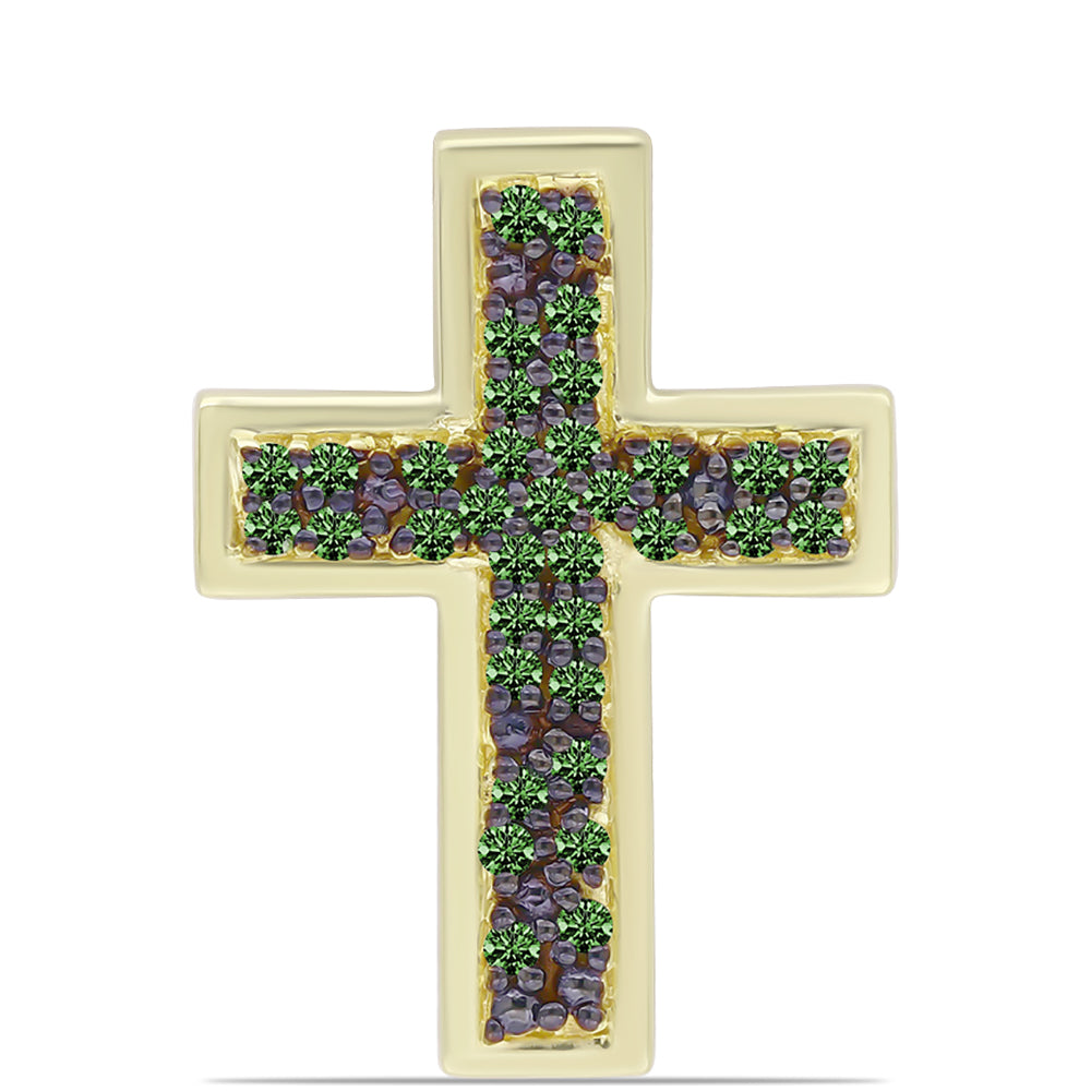 Cruce Pandantiv din Argint 925 Placat cu Aur ( 1.61 grame ) cu Diamant Verde 0.28 Carate