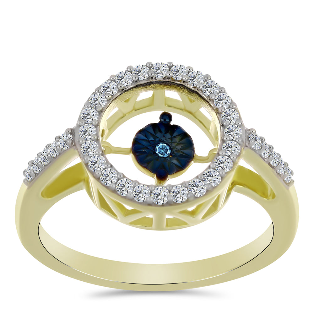 Inel din Argint 925 Placat cu Aur ( 2.99 grame ) cu Diamant Albastru Dansator și Topaz Alb 0.31 Carate