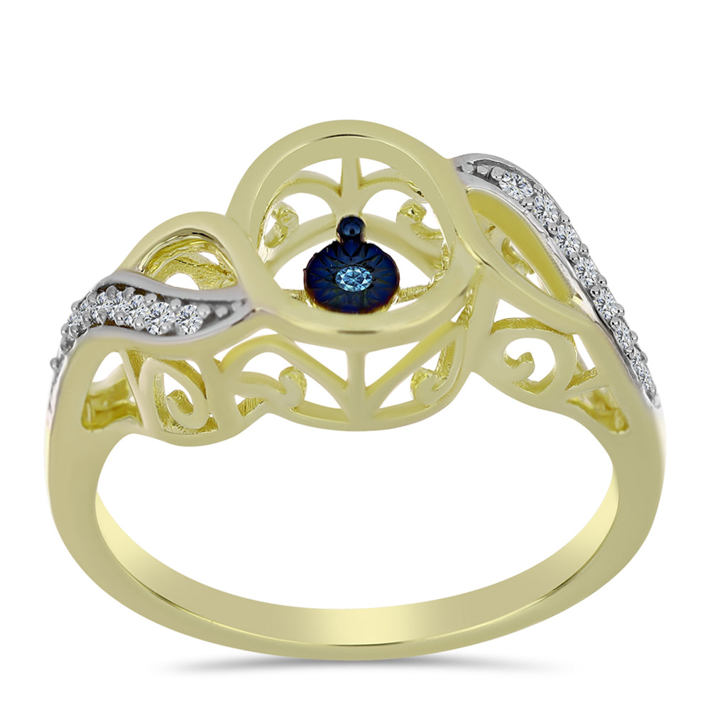 Inel din Argint 925 Placat cu Aur ( 3.37 grame ) cu Diamant Albastru Dansator și Topaz Alb 0.15 Carate