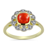 Inel din Argint 925 Placat cu Aur ( 2.87 grame ) cu Coral Roșu Burete și Topaz Alb 1.05 Carate