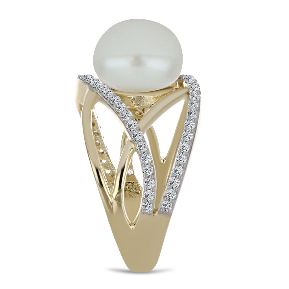 Inel din Argint 925 Placat cu Aur ( 4.58 grame ) cu Perlă de Apă Dulce Albă și Topaz Alb 6.52 Carate