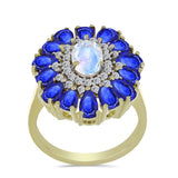 Inel din Argint 925 Placat cu Aur ( 4.95 grame ) cu Piatra Lunii Curcubeu și Safir Albastru Australian 4.77 Carate