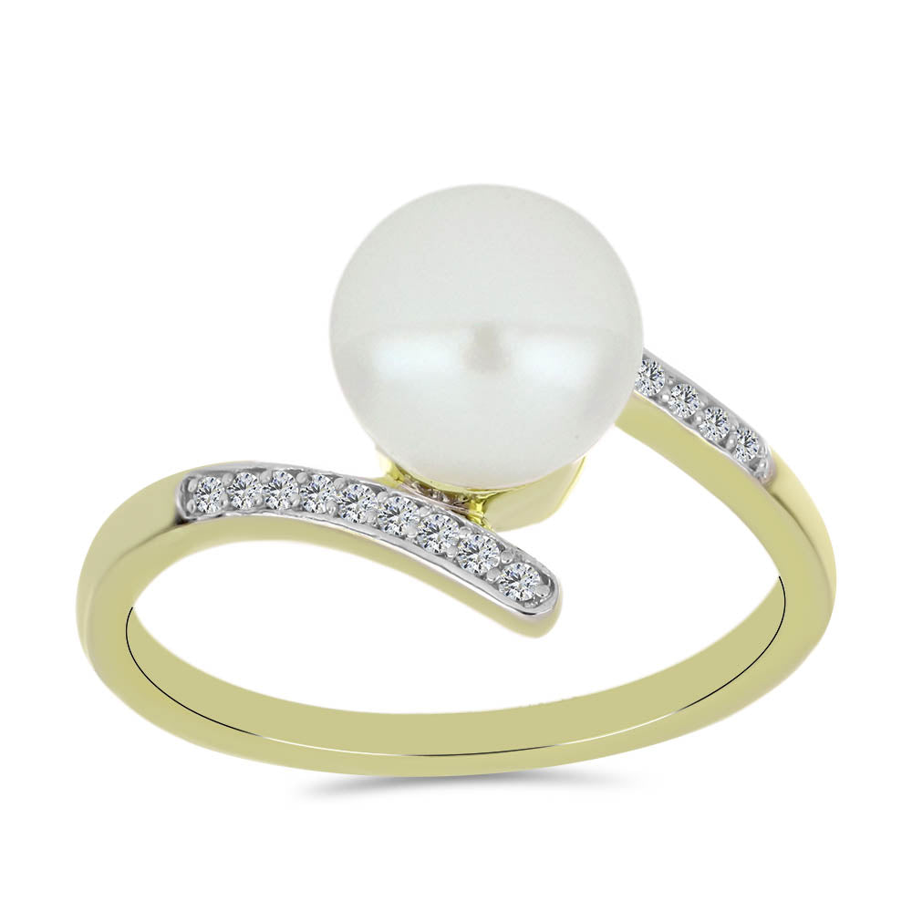 Inel din Argint 925 Placat cu Aur ( 2.3 grame ) cu Perlă de Apă Dulce Albă și Topaz Alb 4.27 Carate