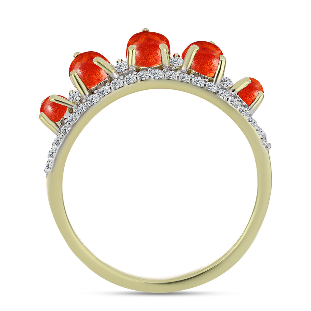 Inel din Argint 925 Placat cu Aur ( 2.26 grame ) cu Coral Roșu Burete și Topaz Alb 1.3 Carate