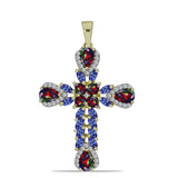 Cruce Pandantiv din Argint 925 Placat cu Aur ( 5.06 grame ) cu Opal Etiopian Negru Lega Dembi și Tanzanit 2.84 Carate