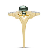 Inel din Argint 925 Placat cu Aur ( 3.56 grame ) cu Perlă De apă Dulce cu Efect "Verde Tahitian" și Topaz Alb 0.46 Carate
