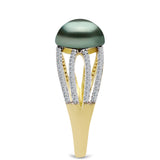 Inel din Argint 925 Placat cu Aur ( 3.08 grame ) cu Perlă De apă Dulce cu Efect "Verde Tahitian" și Topaz Alb 2 Carate