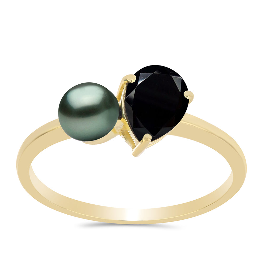 Inel din Argint 925 Placat cu Aur ( 1.89 grame ) cu Perlă De apă Dulce cu Efect "Verde Tahitian" și Spinel Negru Gorno Badakhshan 1.72 Carate