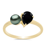 Inel din Argint 925 Placat cu Aur ( 1.89 grame ) cu Perlă De apă Dulce cu Efect "Verde Tahitian" și Spinel Negru Gorno Badakhshan 1.72 Carate