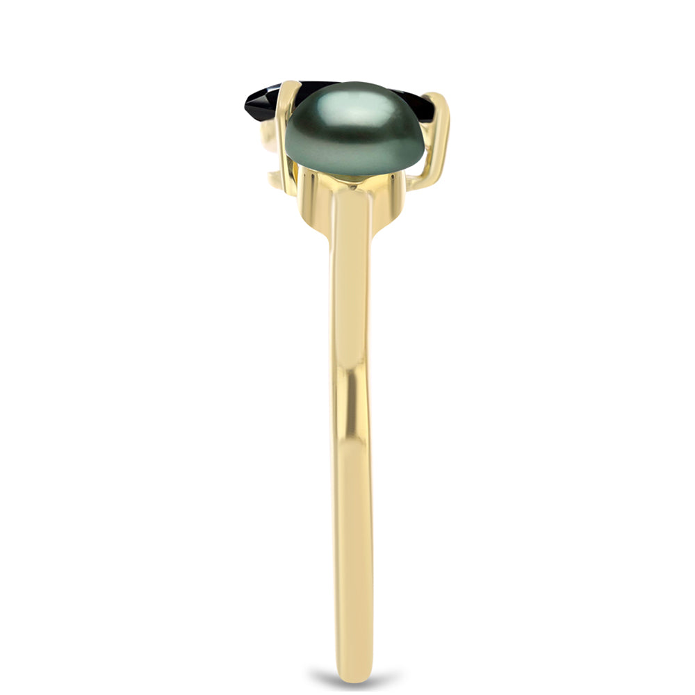 Inel din Argint 925 Placat cu Aur ( 1.89 grame ) cu Perlă De apă Dulce cu Efect "Verde Tahitian" și Spinel Negru Gorno Badakhshan 1.72 Carate
