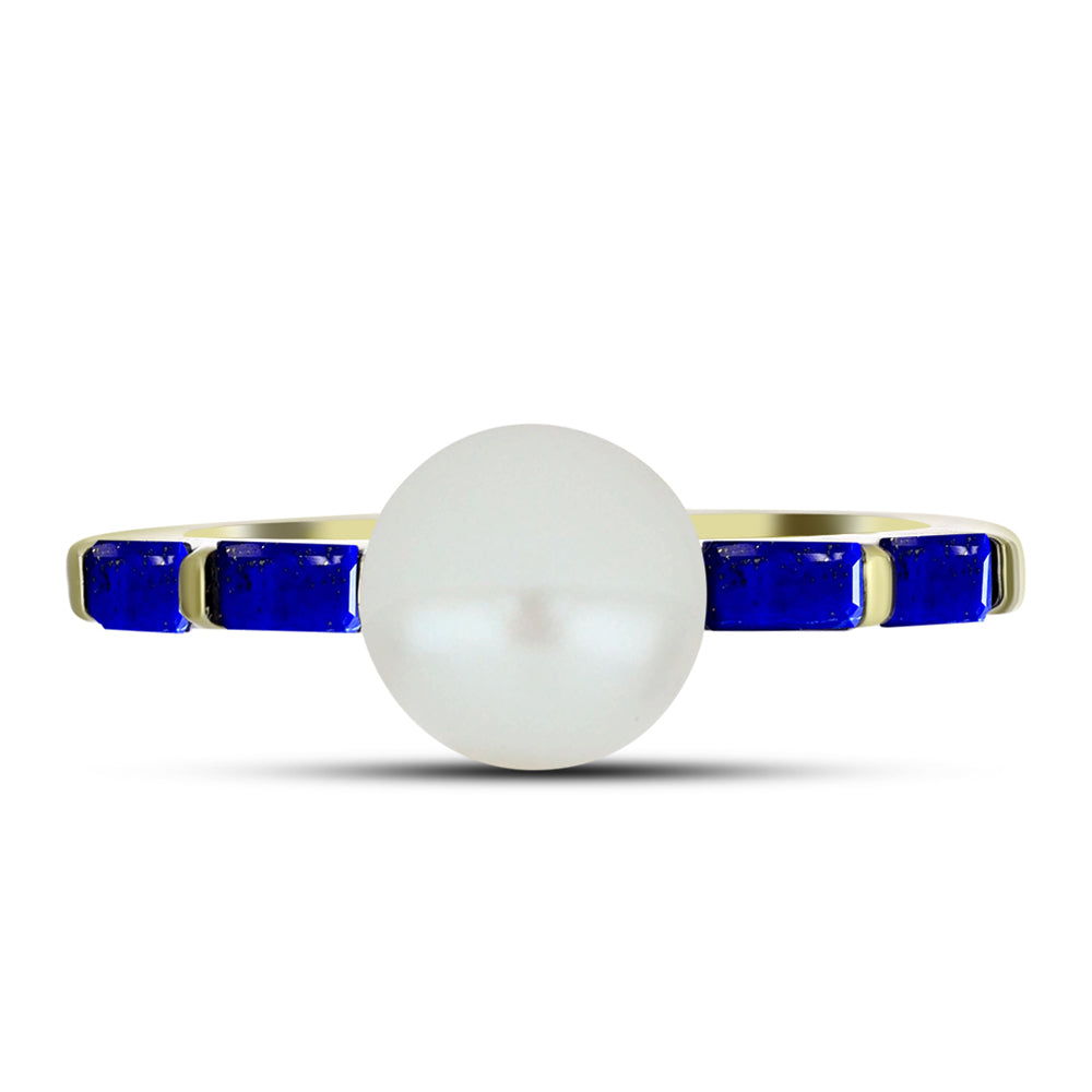 Inel din Argint 925 Placat cu Aur ( 2.05 grame ) cu Lapis Lazuli și Perlă de Apă Dulce Albă 3.08 Carate