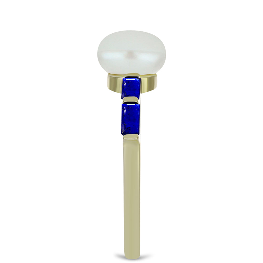 Inel din Argint 925 Placat cu Aur ( 2.05 grame ) cu Lapis Lazuli și Perlă de Apă Dulce Albă 3.08 Carate