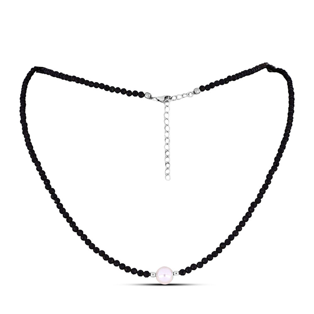 Colier din Argint 925 ( 1.03 grame ) cu Obsidian și Perlă de Apă Dulce Albă 25.56 Carate