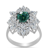 Inel din Argint 925 ( 4.59 grame ) cu Moissanite verde-albăstrui marin și Topaz Alb 4.95 Carate