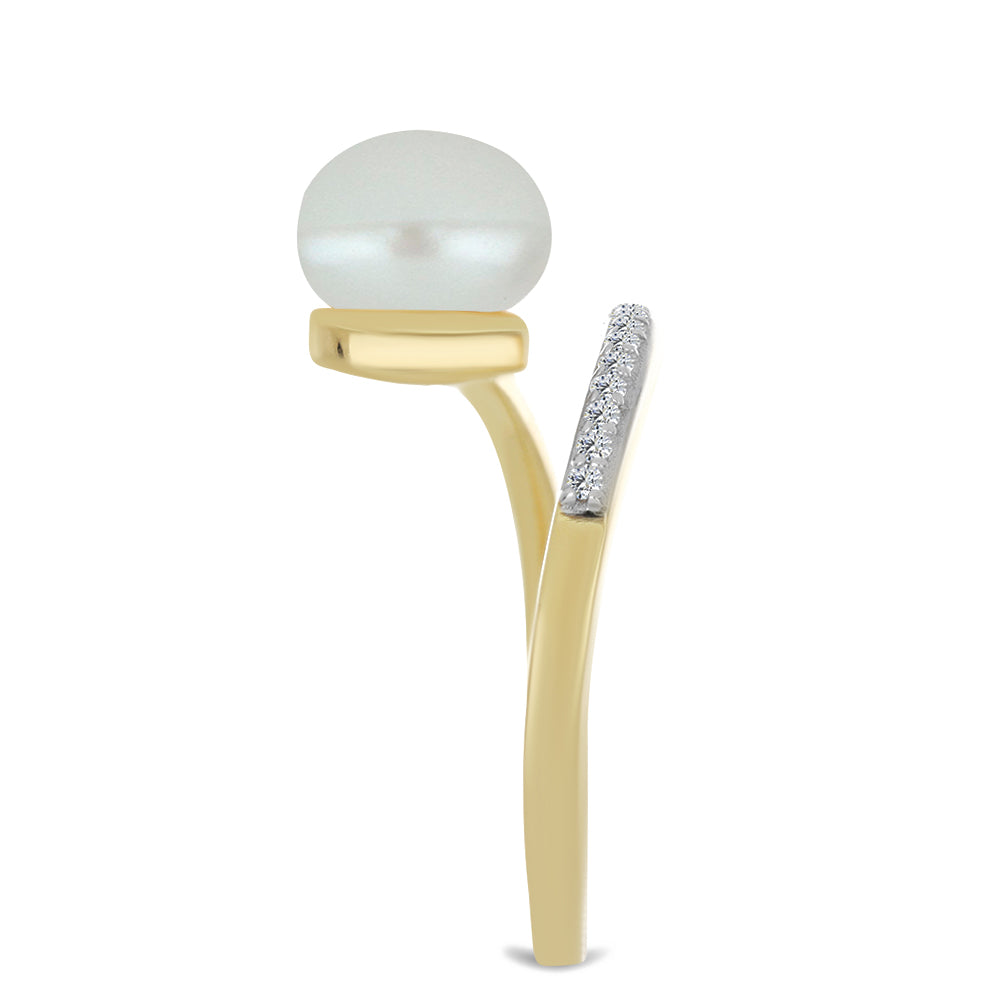 Inel din Argint 925 Placat cu Aur ( 2.04 grame ) cu Perlă de Apă Dulce Albă și Topaz Alb 6.97 Carate