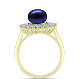 Inel din Argint 925 Placat cu Aur ( 3.63 grame ) cu Perlă de Cultură Neagră și Topaz Alb 3.78 Carate