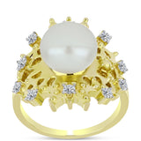 Inel din Argint 925 Placat cu Aur ( 5.96 grame ) cu Perlă de Apă Dulce Albă și Topaz Alb 5.37 Carate