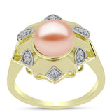 Inel din Argint 925 Placat cu Aur ( 4.91 grame ) cu Perlă de Apă Dulce Piersică și Topaz Alb 3.94 Carate
