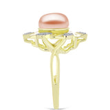 Inel din Argint 925 Placat cu Aur ( 4.91 grame ) cu Perlă de Apă Dulce Piersică și Topaz Alb 3.94 Carate