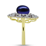 Inel din Argint 925 Placat cu Aur ( 5.41 grame ) cu Perlă de Cultură Neagră și Topaz Alb 5.19 Carate