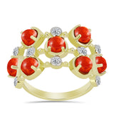 Inel din Argint 925 Placat cu Aur ( 4.43 grame ) cu Coral Roșu Burete și Topaz Alb 2.33 Carate