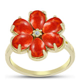 Inel din Argint 925 Placat cu Aur ( 3.85 grame ) cu Coral Roșu Burete și Topaz Alb 3.58 Carate