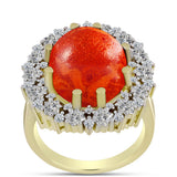 Inel din Argint 925 Placat cu Aur ( 5.92 grame ) cu Coral Roșu Burete și Zircon Alb 9.42 Carate