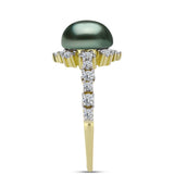 Inel din Argint 925 Placat cu Aur ( 2.3 grame ) cu Perlă De apă Dulce cu Efect "Verde Tahitian" și Topaz Alb 2.63 Carate