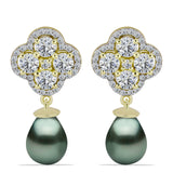 Cercei din Argint 925 Placat cu Aur ( 4.44 grame ) cu Perlă De apă Dulce cu Efect "Verde Tahitian" și Topaz Alb 13.1 Carate