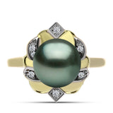 Inel din Argint 925 Placat cu Aur ( 4 grame ) cu Perlă De apă Dulce cu Efect "Verde Tahitian" și Topaz Alb 3.92 Carate