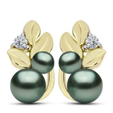 Cercei din Argint 925 Placat cu Aur ( 4.32 grame ) cu Perlă De apă Dulce cu Efect "Verde Tahitian" și Topaz Alb 3.33 Carate
