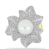 Inel din Argint 925 Placat cu Aur ( 5.26 grame ) cu Perlă de Apă Dulce Albă și Topaz Alb 3.82 Carate