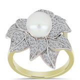 Inel din Argint 925 Placat cu Aur ( 5.26 grame ) cu Perlă de Apă Dulce Albă și Topaz Alb 3.82 Carate