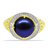 Inel din Argint 925 Placat cu Aur ( 2.75 grame ) cu Perlă de Cultură Neagră și Topaz Alb 5.88 Carate
