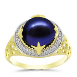 Inel din Argint 925 Placat cu Aur ( 2.75 grame ) cu Perlă de Cultură Neagră și Topaz Alb 5.88 Carate
