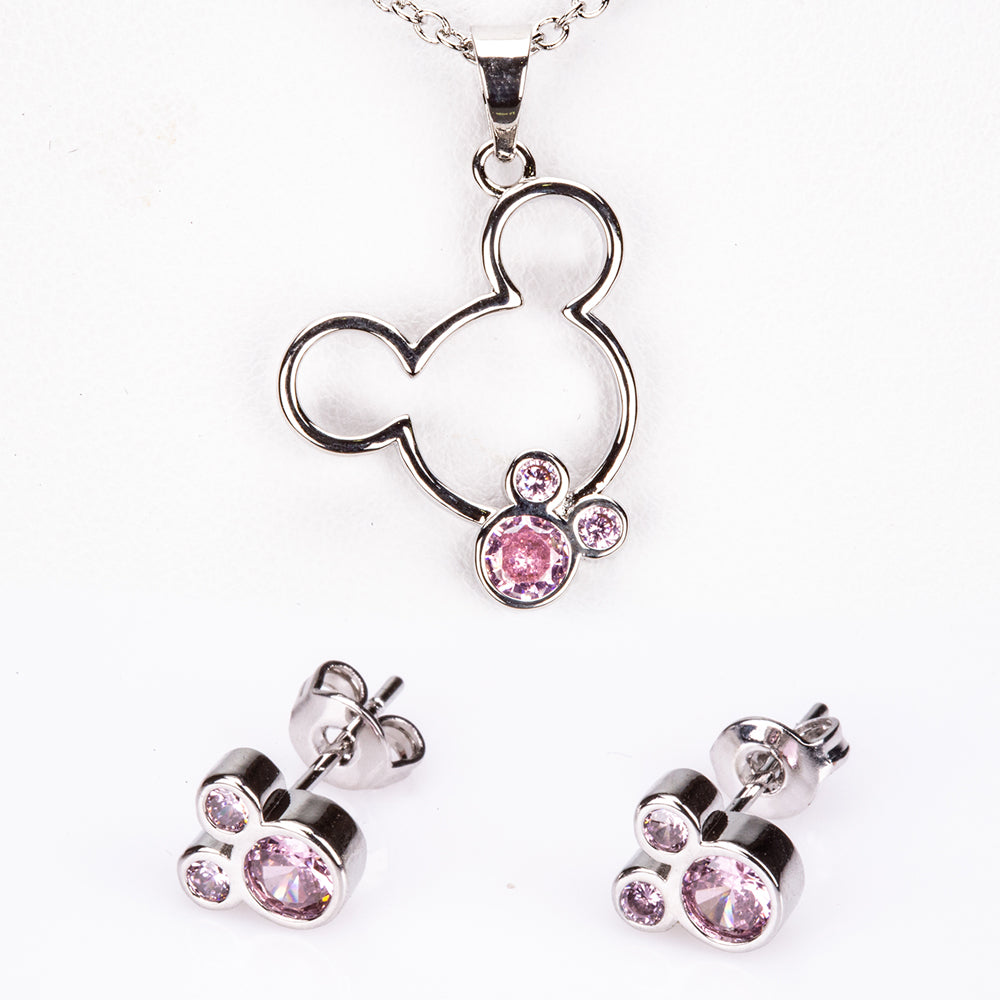 Set din Aliaj Placat cu Aur Alb cu Cristal Roz Emporia® ( Colier+Cercei+Pandantiv )