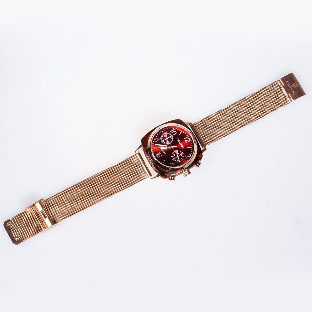 Ceas din Oțel Inoxidabil cu Cronometru, Cadran Roșu și Curea din Metal Auriu - Multilady.ro
