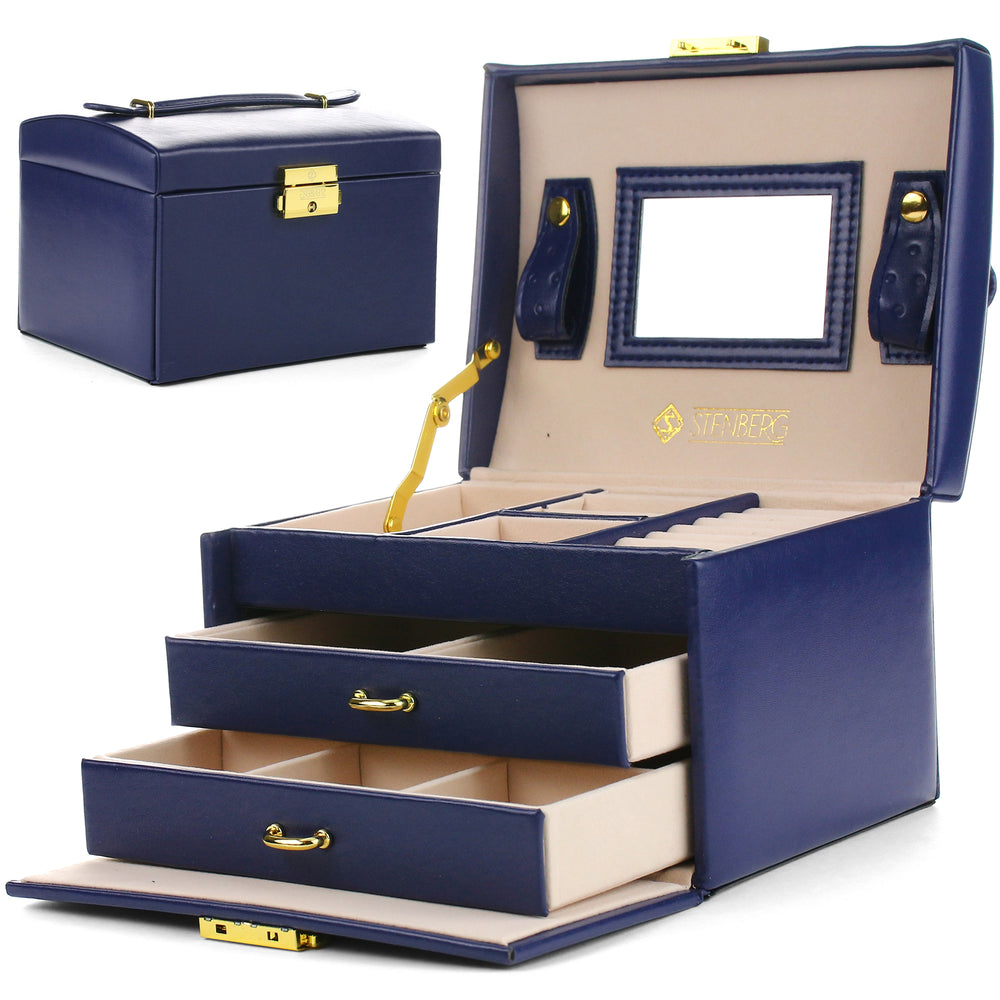 Cutie Pentru Bijuterii Portabilă Elegantă cu Interior de Piele Întoarsă, Albastră