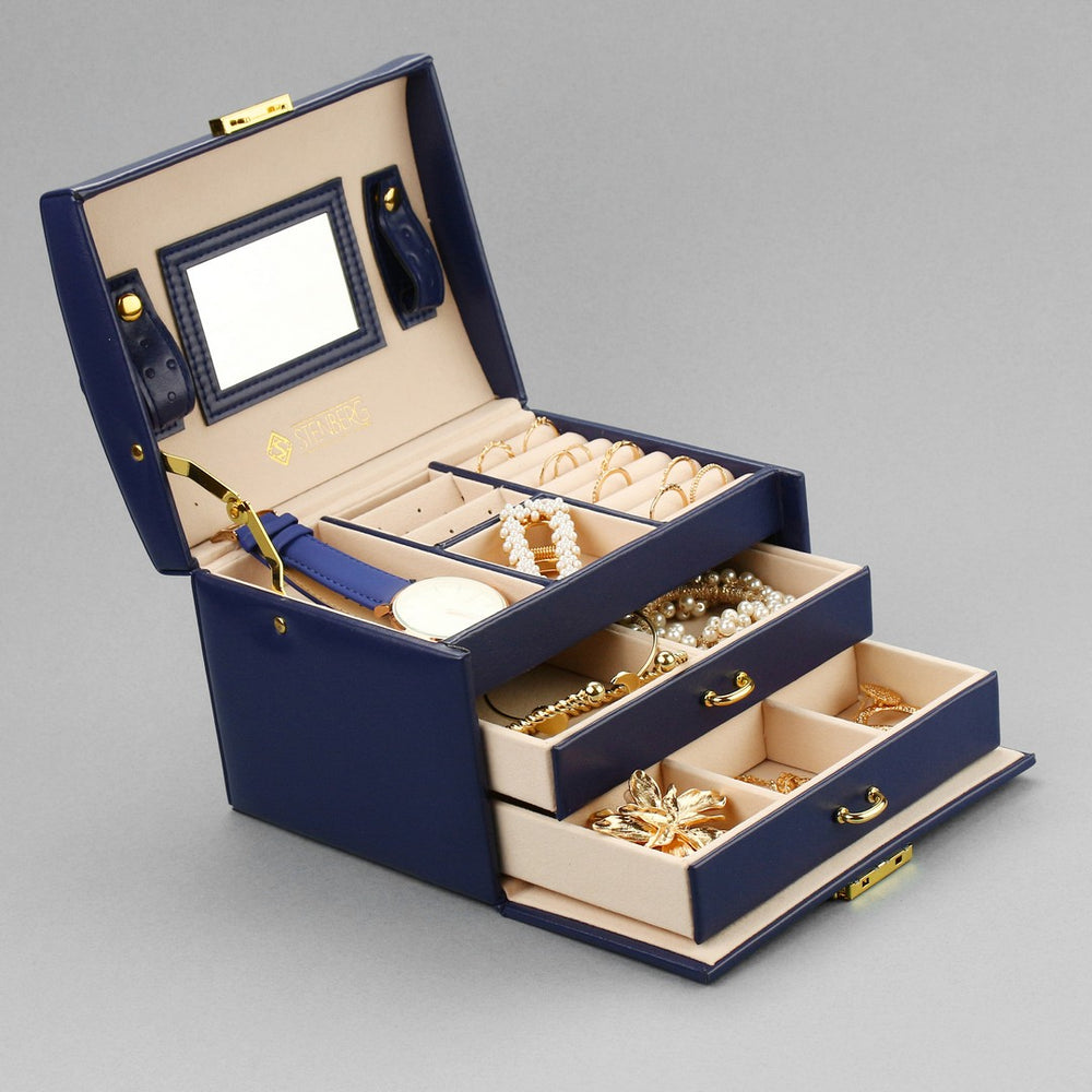 Cutie Pentru Bijuterii Portabilă Elegantă cu Interior de Piele Întoarsă, Albastră