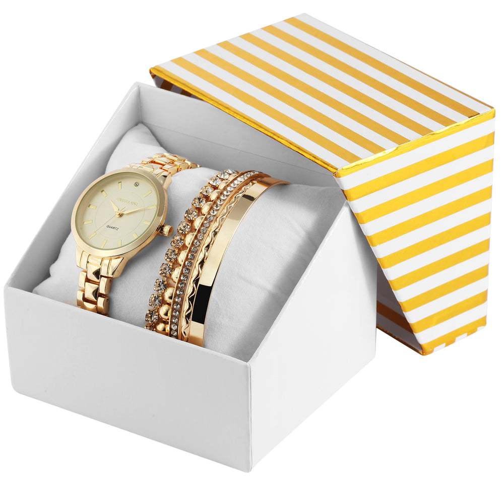 Set cadou cu ceas Excellanc: ceas de Damă + 2 brățări, ton auriu EX0423, culoare aurie, mecanism Quartz de calitate superioară, cadran galben