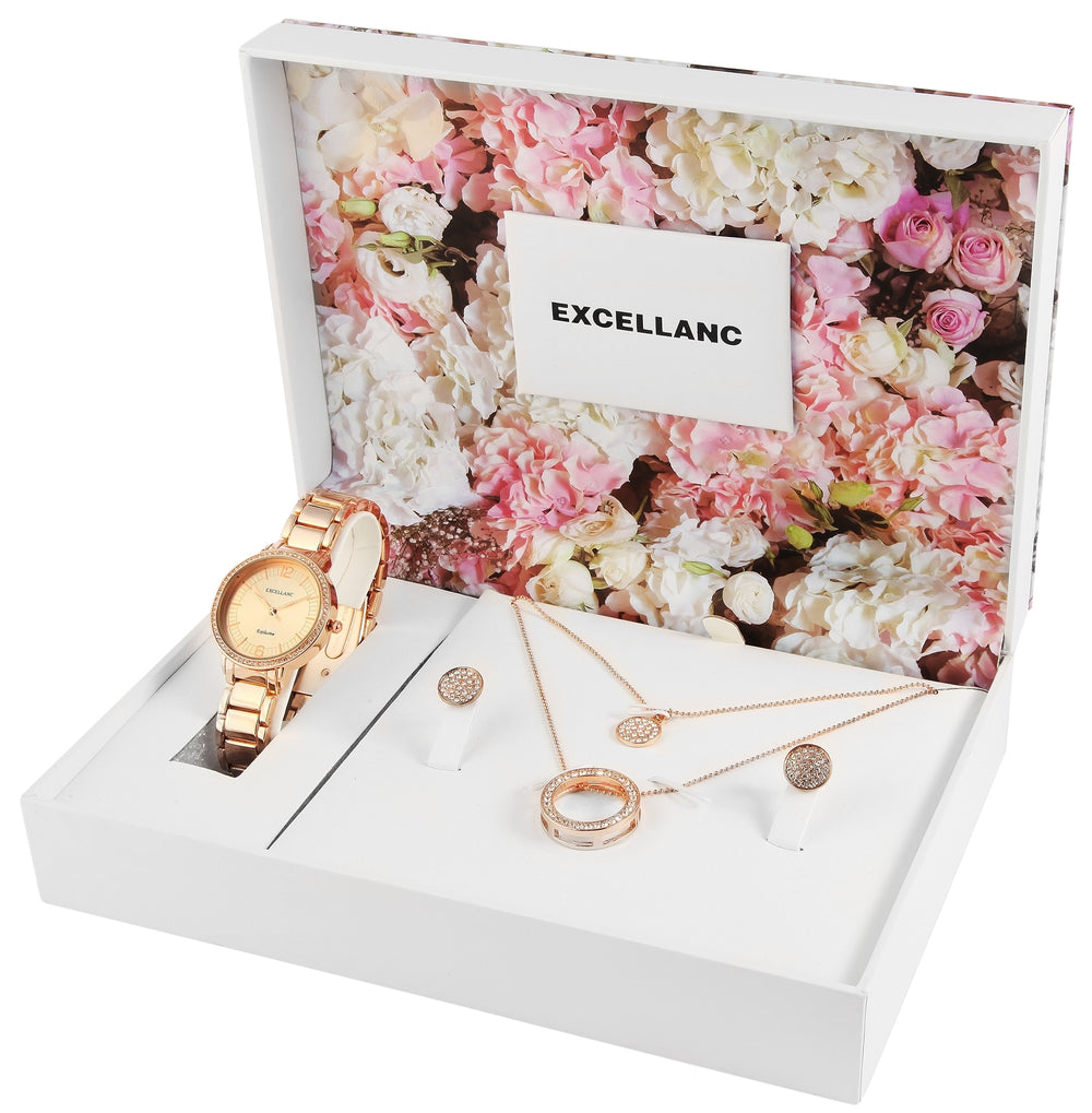 Set cadou cu ceas Excellanc: ceas și colier pentru femei + cercei, ton auriu roz EX0427, culoare aur roz, mecanism Quartz de calitate superioară, cadran aur roz