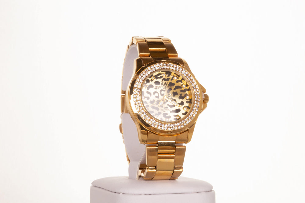Ceas din Aliaj de culoare Aurie AW de damă cu cadran leopard și cristale de cuarț - Multilady.ro