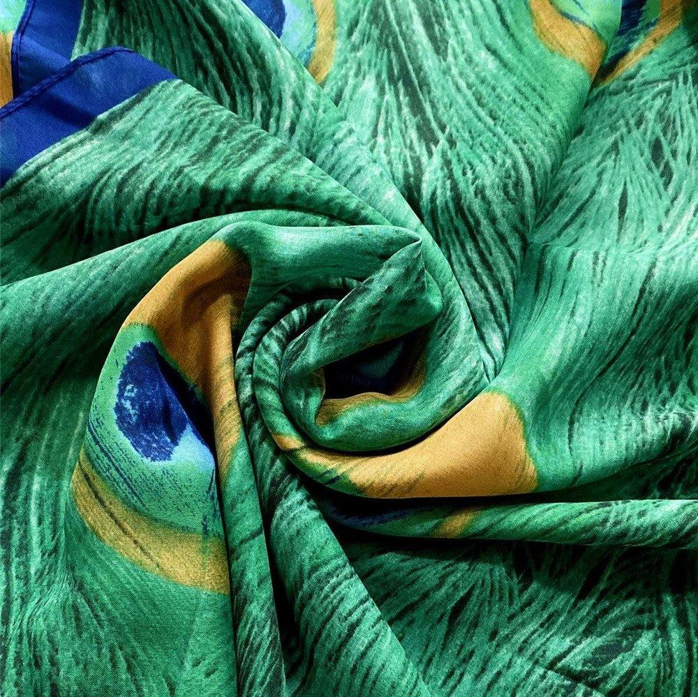 Eșarfă-Șal de mătase, 90 cm x 180 cm, Verde, Model cu Pene de Păun - Multilady.ro