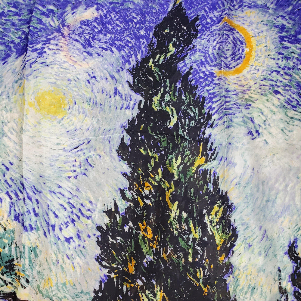 Eșarfă-Șal din Mătase 100% Autentică, 90cm x 180cm, Van Gogh - Cypress and Star - Multilady.ro