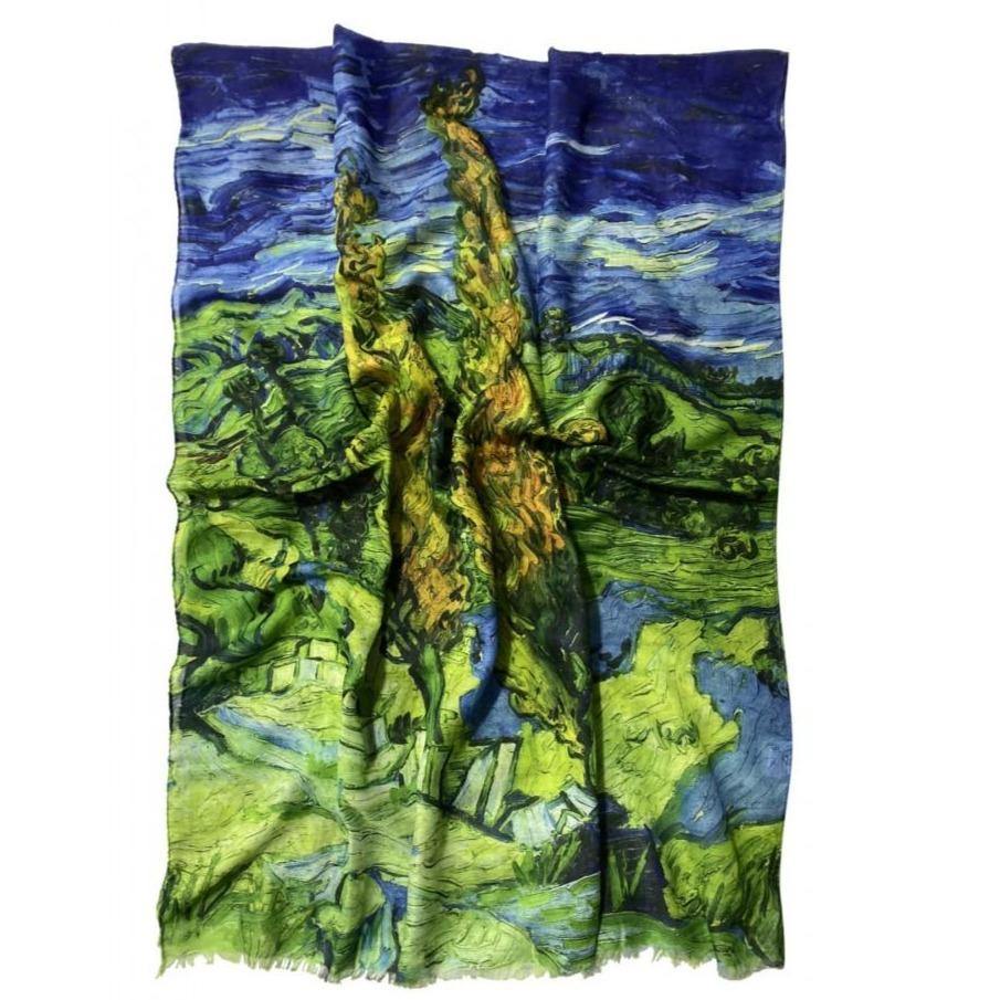Eșarfă-Șal din Bumbac, 70 cm x 180 cm, Van Gogh - Two Poplars - Multilady.ro